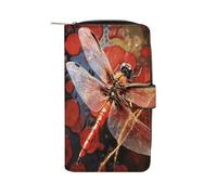 LDGSUPH Red Dragonfly Leather Long Wallet Adult Travel Zipper Long Purse Multi-functional Credit Card Holder 12 Card Slot