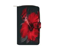 LDGSUPH Red Hibiscus Flowers Leather Long Wallet Adult Travel Zipper Long Purse Multi-functional Credit Card Holder 12 Card Slot