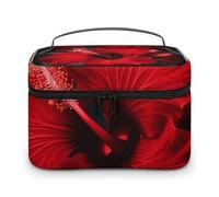 LDGSUPH Red Hibiscus Flowers Makeup Bag with Handle Portable Travel Toiletry Bag Lightweight Waterproof Cute Cosmetics Storage Bags Large Fashion Makeup Case Organizer For Women