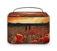 LDGSUPH Red Poppy Flower Field in Sunset Makeup Bag with Handle Portable Travel Toiletry Bag Lightweight Waterproof Cute Cosmetics Storage Bags Large Fashion Makeup Case Organizer For Women
