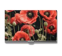 LDGSUPH Red Poppy Flowers Leaves Business Card Holder Minimalist Wallet RFID Blocking Credit Cards Holder Slim Name Cards Holders Compact Aluminum Alloy Business Card Case for Adult