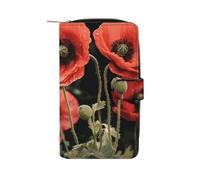 LDGSUPH Red Poppy Flowers Leaves Leather Long Wallet Adult Travel Zipper Long Purse Multi-functional Credit Card Holder 12 Card Slot
