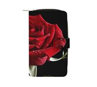 LDGSUPH Red Rose Black Background2 Leather Long Wallet Adult Travel Zipper Long Purse Multi-functional Credit Card Holder 12 Card Slot