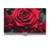 LDGSUPH Red Rose Business Card Holder Minimalist Wallet RFID Blocking Credit Cards Holder Slim Name Cards Holders Compact Aluminum Alloy Business Card Case for Adult