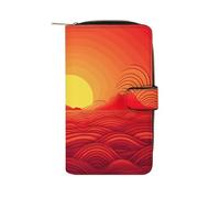 LDGSUPH Red Sunrise Leather Long Wallet Adult Travel Zipper Long Purse Multi-functional Credit Card Holder 12 Card Slot