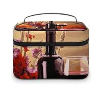 LDGSUPH Red Wine Flower Makeup Bag with Handle Portable Travel Toiletry Bag Lightweight Waterproof Cute Cosmetics Storage Bags Large Fashion Makeup Case Organizer For Women
