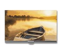 LDGSUPH River Sunset Wooden Boat Business Card Holder Minimalist Wallet RFID Blocking Credit Cards Holder Slim Name Cards Holders Compact Aluminum Alloy Business Card Case for Adult