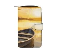 LDGSUPH River Sunset Wooden Boat Leather Long Wallet Adult Travel Zipper Long Purse Multi-functional Credit Card Holder 12 Card Slot
