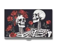 LDGSUPH Rose And Skeleton Business Card Holder Minimalist Wallet RFID Blocking Credit Cards Holder Slim Name Cards Holders Compact Aluminum Alloy Business Card Case for Adult
