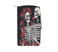 LDGSUPH Rose And Skeleton Leather Long Wallet Adult Travel Zipper Long Purse Multi-functional Credit Card Holder 12 Card Slot
