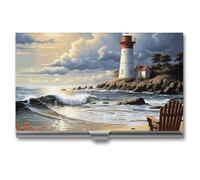 LDGSUPH Sea Lighthouse Sandbeach Business Card Holder Minimalist Wallet RFID Blocking Credit Cards Holder Slim Name Cards Holders Compact Aluminum Alloy Business Card Case for Adult