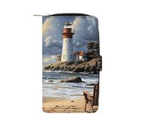 LDGSUPH Sea Lighthouse Sandbeach Leather Long Wallet Adult Travel Zipper Long Purse Multi-functional Credit Card Holder 12 Card Slot