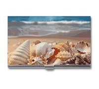 LDGSUPH Seashells on The Sandy Beach Business Card Holder Minimalist Wallet RFID Blocking Credit Cards Holder Slim Name Cards Holders Compact Aluminum Alloy Business Card Case for Adult