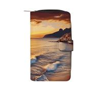 LDGSUPH Seaside Sunset Leather Long Wallet Adult Travel Zipper Long Purse Multi-functional Credit Card Holder 12 Card Slot
