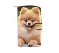 LDGSUPH Short-haired Pomeranian Leather Long Wallet Adult Travel Zipper Long Purse Multi-functional Credit Card Holder 12 Card Slot