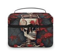 LDGSUPH Skeleton with Roses Makeup Bag with Handle Portable Travel Toiletry Bag Lightweight Waterproof Cute Cosmetics Storage Bags Large Fashion Makeup Case Organizer For Women