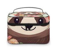 LDGSUPH Sloth And Flowers Makeup Bag with Handle Portable Travel Toiletry Bag Lightweight Waterproof Cute Cosmetics Storage Bags Large Fashion Makeup Case Organizer For Women