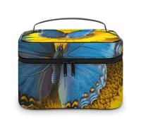 LDGSUPH Sunflower Blue Butterfly Makeup Bag with Handle Portable Travel Toiletry Bag Lightweight Waterproof Cute Cosmetics Storage Bags Large Fashion Makeup Case Organizer For Women