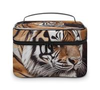 LDGSUPH Tiger Lying on Wood Makeup Bag with Handle Portable Travel Toiletry Bag Lightweight Waterproof Cute Cosmetics Storage Bags Large Fashion Makeup Case Organizer For Women