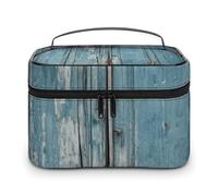LDGSUPH Vintage Blue Wood Makeup Bag with Handle Portable Travel Toiletry Bag Lightweight Waterproof Cute Cosmetics Storage Bags Large Fashion Makeup Case Organizer For Women