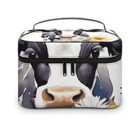 LDGSUPH Watercolor Cow And Daisy Flower Makeup Bag with Handle Portable Travel Toiletry Bag Lightweight Waterproof Cute Cosmetics Storage Bags Large Fashion Makeup Case Organizer For Women