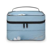 LDGSUPH White Flowers Light Blue Wood Makeup Bag with Handle Portable Travel Toiletry Bag Lightweight Waterproof Cute Cosmetics Storage Bags Large Fashion Makeup Case Organizer For Women