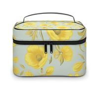 LDGSUPH Yellow Flower Makeup Bag with Handle Portable Travel Toiletry Bag Lightweight Waterproof Cute Cosmetics Storage Bags Large Fashion Makeup Case Organizer For Women