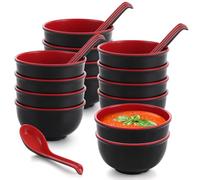 LDHHYH 14 Pcs Melamine Ramen Bowls and Spoons Set, 11.5cm/4.5" Small Miso Soup Bowls with Hooks Spoons, Black and Red Japanese Style Noodle Bowls for Asian Cuisine Rice Side Dishes Dinner Parties