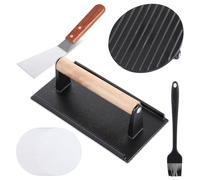 LDHHYH 4 Pack Burger Press, 7" Round & 8.2"X 4.3" Rectangle, Heavy-Duty Cast Iron Grill Press with Wood Handle and Parchment Papers for Griddle, Sandwich, Burgers