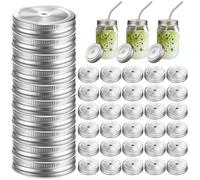 LDHHYH 40PCS Mason Jar Lids, 70mm Mason Jar Canning Lids with Straw Hole,Tinplate Jar Canning Lids with Silicone Sealing Ring, Leak- Proof Mason Canning Lids for Food Jam Juice Drink,Silver