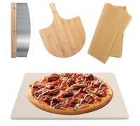 LDHHYH Rectangle Pizza Stone Set, Large Cordierite Pizza Stone (38x30x1.5cm) with Pizza Cutter, Bamboo Peel and 10 Parchment Papers, Grill Baking Stone for Home and Outdoors Pizza Accessories