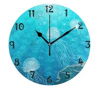 LDIYEU Art Blue Sea Water Jellyfish Round Wall Clock Circular Plate Silent Non Ticking Clocks for Kitchen Home Office School Decor Kid Boys Girls