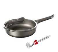 LDKFLKR Nonstick Titanium Deep Frying Pan Skillet, Uncoated Titanium Pot with Lid and Potato Mash Maker Large Skillet Egg Steak Pancake Woks Scratch-Resistant for All Stovetops,24cm/9.4in