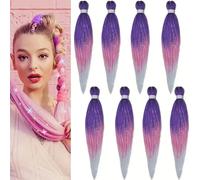 LDMY Pre-stretched Braiding Hair-26inch 8pcs/pack Summer Colorful Ombre Purple Pink White with Tinsel Hair Extensioons for Braiding and DIY Wigs Synthetic Easy Beaid 90g/pc
