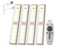 LDOPTO Under Cupboard Kitchen Lights with Remote, Dimmable Rechargeable Wireless LED Strip Battery Operated Lights Without Wiring Hinge Lighting for cupboards Wardrobe Kitchen, Hallway 4 Pack
