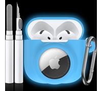 LDSXAY 2 in 1 Silicone Case Compatible with AirPod 4 and AirTag, Shockproof Protective Skin Cover for AirPods 4th Generation with Cleaner Kit & Carabiner (Glow Blue)