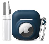 LDSXAY 2 in 1 Silicone Case Compatible with AirPod 4 and AirTag, Shockproof Protective Skin Cover for AirPods 4th Generation with Cleaner Kit & Carabiner (Dark Blue)
