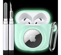 LDSXAY 2 in 1 Silicone Case Compatible with AirPod 4 and AirTag, Shockproof Protective Skin Cover for AirPods 4th Generation with Cleaner Kit & Carabiner (Glow Green)