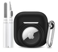 LDSXAY 2 in 1 Silicone Case Compatible with AirPod 4 and AirTag, Shockproof Protective Skin Cover for AirPods 4th Generation with Cleaner Kit & Carabiner (Black)
