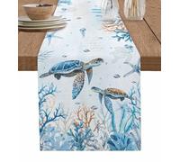 Ldtrchee Blue Sea Turtle Table Runner - Cotton Linen 120 Inches Long, Ocean Starfish Coral Coastal Tablerunner Dress Scarves, Summer Underwater Nautical Table Runners for Dining/Coffee/Holiday