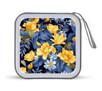 LDTVSFZQ Blue Base Yellow Floral CD Case, DVD Case Holders Wallet Hard Plastic DVD Disc Cases Storage Binder for Car Home Office Travel