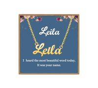 Ldurian Custom Name Necklace, Personalized Name Plate Pendant Necklace Pre Gifts, Charm Pre-made Jewelry for Mom Mama Birthday Anniversary, 293 Leila, Gold Plated, No Gemstone