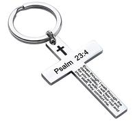 Ldurian Father's Day Gifts Christian Cross Keychain for Women, Cross Key Chain for Men Religious Scripture, Psalm 23:4, Stainless Steel, No Gemstone