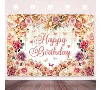 LDWLYW 8x6ft Rose Gold Floral Happy Birthday Backdrop Banner Pink Flower Birthday Decorations for Women Large Pink Gold Flowers Roses Theme Photography Background Party Decor