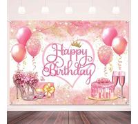 LDWLYW Pink Happy Birthday Backdrop Banner Pink Gold Birthday Decorations for Women Girls Large Balloons High Heels Champagne Theme Photo Background Poster Party Decor 5x3ft
