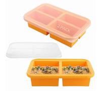 LDXDRU 2 Pack 1000ml Silicone Soup Freezer Trays with Lid, 4 Compartment Food Freezing Container, Large Ice Cube Mould Soup Freezer Containers for Soup Sauce Meal Prep Ice - 1 Cup (250ml), Orange