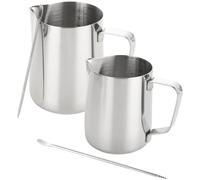 LDXDRU 2 Pack Stainless Steel Milk Frother Jug, 350ml & 600ml Milk Frothing Pitcher Cup with Pen, Milk Jug for Coffee Machine Barista Cappuccino Espresso