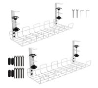 LDXDRU 2 Pack Under Desk Cable Management Tray, 38cm No Drill Desk Cable Tray with Clamp, White Cable Tidy Basket Metal Under Desk Cable Tidy for Home Office Desks