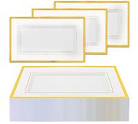 LDXDRU 20 Pack Plastic Serving Platters, 33 x 20cm / 13 x 8 Inch Rectangle Plastic Trays Platters, White & Gold Rim Serving Trays for Weddings Birthdays Graduation Parties