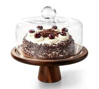 LDXDRU 24cm Cake Stand with Dome Lid, Wood Cake Plate with Glass Cover | Acacia Wooden Cake Display Stand for Anniversary Birthday Wedding Party Footed